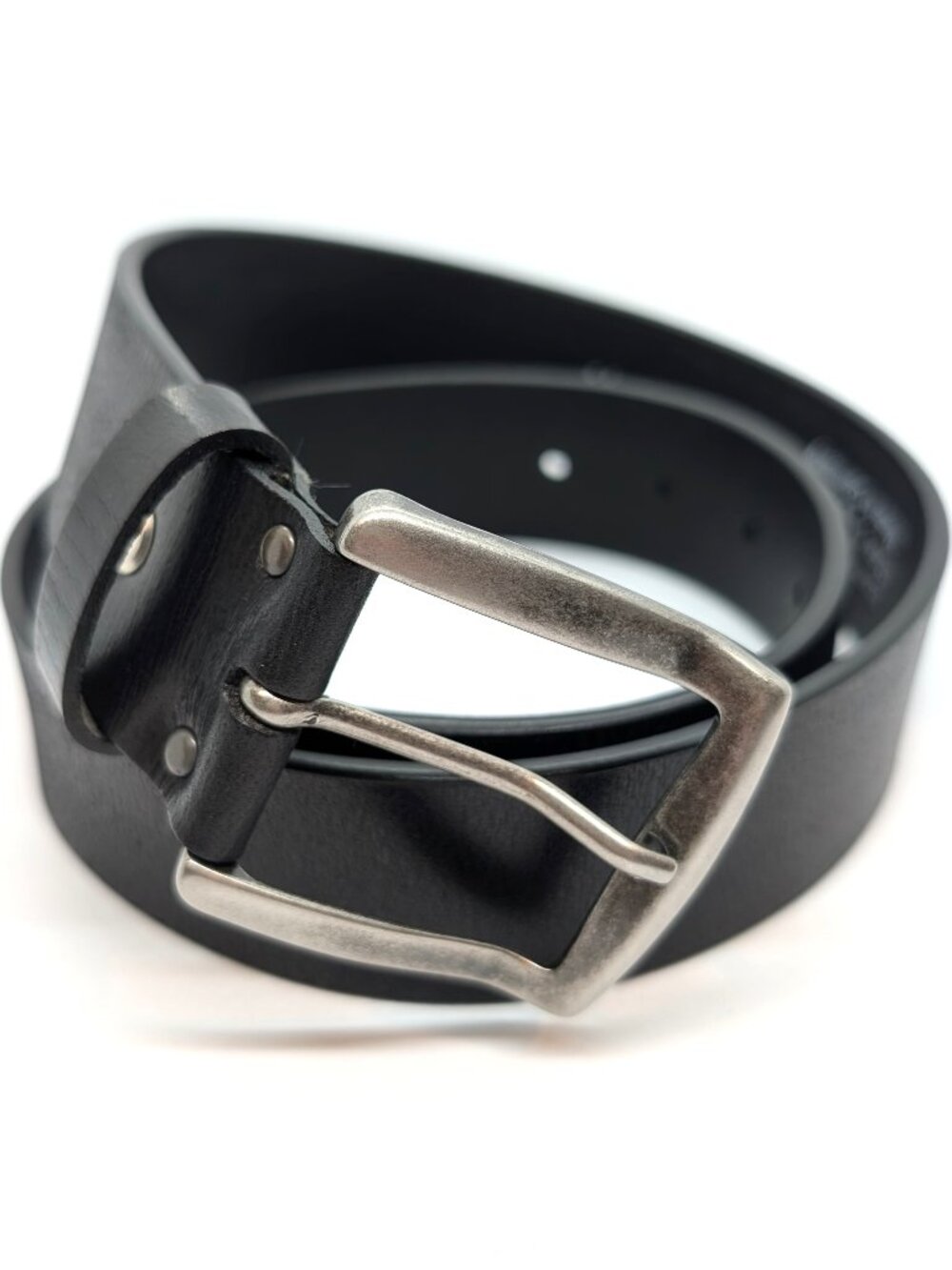 Black Leather Belt Womens Size Medium 1.5 in Wide Silver Tone Smooth Germany